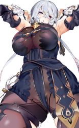 Rule 34 | 1girl, absurdres, armpits, arms up, atelier (series), atelier ryza, atelier ryza 1, bad id, bad twitter id, bare shoulders, blue eyes, blush, bodysuit, breasts, cleavage, crossed bangs, from below, hair ornament, hairclip, heterochromia, highres, large breasts, lila decyrus, long hair, looking at viewer, low twintails, marushin (denwa0214), pale skin, purple eyes, red eyes, silver hair, simple background, skindentation, solo, thighs, twintails, very long hair, white background