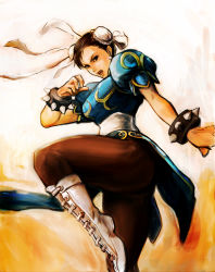 Rule 34 | 1girl, bracelet, brown eyes, brown hair, bun cover, capcom, china dress, chinese clothes, chun-li, double bun, dress, earrings, fighting stance, highres, jewelry, kom (kom1128), legs, open mouth, pantyhose, pelvic curtain, sash, solo, spiked bracelet, spikes, street fighter, street fighter iv (series), thighs
