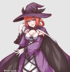 Rule 34 | &gt;:), 1girl, blush, cape, detached sleeves, disco brando, dress, fang, gabriel dropout, gloves, grey background, grin, halloween, halloween costume, hand up, hat, highres, long sleeves, parted lips, purple cape, purple dress, purple hat, red eyes, red hair, satanichia kurumizawa mcdowell, simple background, smile, solo, standing, v-shaped eyebrows, white gloves, wide sleeves, witch hat