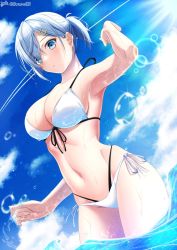 Rule 34 | 1girl, alternate hairstyle, bikini, blue eyes, blue sky, breasts, cloud, cowboy shot, day, front-tie top, hachiware (8ware63), hair ornament, hair over one eye, hairclip, hamakaze (kancolle), highres, kantai collection, large breasts, multi-strapped bikini, outdoors, short hair, side-tie bikini bottom, sky, soaking feet, solo, swimsuit, water, white bikini, white hair