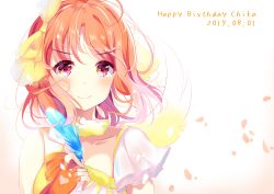 Rule 34 | 1girl, absurdres, bad id, bad pixiv id, birthday, blue feathers, character name, commentary request, daisuki dattara daijoubu!, dated, depe, english text, feathers, fingerless gloves, gloves, happy birthday, highres, looking at viewer, love live!, love live! sunshine!!, next sparkling!!, orange gloves, orange hair, red eyes, short hair, solo, split theme, takami chika, upper body, wings