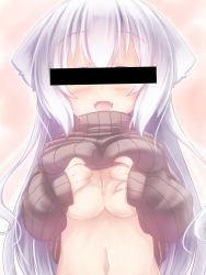 Rule 34 | 1girl, breasts, censored, clothes lift, long hair, nightmare cat, original, solo, sweater, sweater lift, white hair