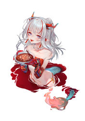 Rule 34 | 1girl, :p, absurdres, ami (34849422), arknights, bandeau, bare shoulders, bikini, blush, bowl, braid, chinese commentary, chopsticks, collarbone, commentary request, eyeshadow, grey eyes, highres, holding, holding bowl, horns, looking at viewer, makeup, multicolored hair, navel, nian (arknights), pointy ears, red bikini, red hair, silver hair, simple background, smile, solo, stomach, strapless, strapless bikini, streaked hair, swimsuit, tail, tongue, tongue out, tube top, white background
