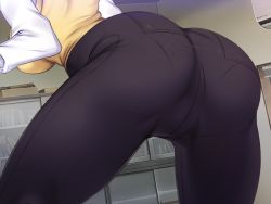 Rule 34 | 1girl, anegawa shigure, ass, ass focus, beelzebub (company), bent over, breasts, conveni shoujo z, female focus, from behind, game cg, groin, hand up, head out of frame, indoors, large breasts, legs, legs apart, original, panties, pants, pantylines, see-through, solo, thighs, underwear, vest, yellow vest