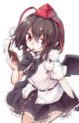 Rule 34 | 1girl, black bow, black bowtie, black hair, black skirt, black wings, bow, bowtie, cowboy shot, hair between eyes, hat, highres, holding, looking at viewer, mouth hold, notebook, oborofu, pom pom (clothes), red eyes, shameimaru aya, short hair, short sleeves, simple background, skirt, solo, tokin hat, touhou, white background, wings
