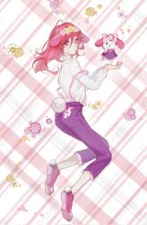 Rule 34 | 1boy, animal ears, blue lock, chigiri hyoma, closed mouth, collared shirt, flower, full body, hair flower, hair ornament, hands up, highres, long hair, long sleeves, male focus, my melody, onegai my melody, open mouth, p66666l, pants, pink footwear, purple pants, rabbit boy, rabbit ears, rabbit tail, red eyes, red hair, sanrio, shirt, shoes, smile, standing, tail, white background, white shirt