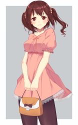 Rule 34 | 10s, 1girl, :3, bag, breasts, brown eyes, brown hair, casual, cowboy shot, dress, ebina nana, female focus, handbag, highres, himouto! umaru-chan, lace, lace-trimmed dress, lace trim, large breasts, omochi (youmu46), pantyhose, short sleeves, simple background, smile, solo, standing, twintails