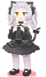Rule 34 | 1girl, :d, animal ear fluff, animal ears, bare shoulders, black dress, black footwear, black sleeves, blunt bangs, blush, bow, bowtie, brooch, cat ears, cat girl, cat tail, center frills, chibi, choker, criss-cross halter, detached sleeves, dress, dress bow, embarrassed, fang, fidgeting, frilled choker, frilled dress, frilled ribbon, frills, full body, gothic lolita, hair ribbon, halter dress, halterneck, hololive, index fingers together, jewelry, juliet sleeves, layered dress, lolita fashion, long hair, long sleeves, looking at viewer, looking away, mary janes, murasaki shion, murasaki shion (gothic lolita), nervous, open mouth, pantyhose, pinstripe dress, pinstripe pattern, puffy sleeves, purple pantyhose, ribbon, shoes, short dress, short eyebrows, sidelocks, silver hair, simple background, sleeveless, sleeveless dress, smile, solo, star (symbol), striped, tail, tail bow, tail ornament, tonton (tonz159), twintails, virtual youtuber, white background, wide sleeves, yellow eyes