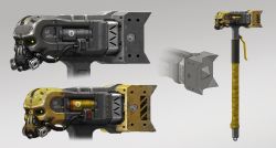 Rule 34 | absurdres, apex legends, cable, character sheet, commentary, concept art, death hammer (apex legends), english commentary, grey background, hammer, highres, multiple views, no humans, official art, prog (progwwww), science fiction, weapon focus