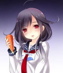 Rule 34 | 10s, 1girl, :d, ahoge, apron, bad id, bad pixiv id, carrot, food, glint, gradient background, hair flaps, head tilt, holding, kantai collection, kappougi, long hair, long sleeves, looking afar, low twintails, necktie, open mouth, purple hair, red eyes, red necktie, shirt, simple background, smile, solo, taigei (kancolle), tareme, twintails, upper body, vegetable, white shirt, yayayoruyoru