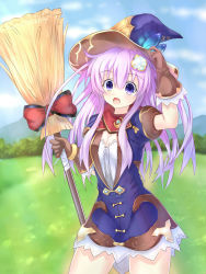Rule 34 | 10s, 1girl, blurry, blush, book, breasts, broom, cleavage, cowboy shot, day, depth of field, dress, four goddesses online: cyber dimension neptune, gloves, hair ornament, hat, highres, kazuneko (wktk1024), long hair, looking at viewer, medium breasts, nature, nepgear, neptune (series), open mouth, outdoors, pink hair, purple eyes, purple hair, ribbon, sky, smile, solo, twitter username, witch, witch hat