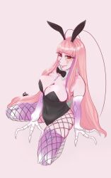 Rule 34 | 1girl, animal costume, arthropod girl, breasts, cleavage, fishnet thighhighs, fishnets, highres, long hair, matara kan, mole, mole on breast, monster girl, on floor, pink background, pink hair, rabbit costume, rabbit ears, rabbit tail, red eyes, revealing clothes, simple background, smile, thighhighs, vshojo