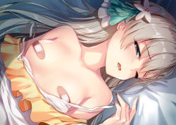 Rule 34 | 1girl, bandaid, bandaids on nipples, bare shoulders, bed sheet, blue eyes, breasts, breasts out, collarbone, commentary request, flower, frills, hair flower, hair ornament, head tilt, hisakawa hayate, idolmaster, idolmaster cinderella girls, long hair, looking at viewer, lying, on back, one eye closed, parted lips, pasties, saliva, silver hair, small breasts, solo, strap slip, upper body, white flower, yan (nicknikg)