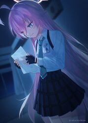 Rule 34 | 1girl, ahoge, black gloves, blue archive, blurry, collared shirt, commentary request, curtains, depth of field, fingerless gloves, gloves, hair between eyes, halo, heterochromia, holding, holding paper, hoshino (blue archive), indoors, long hair, long sleeves, natsumachisan, necktie, night, night sky, paper, pink hair, plaid, plaid skirt, pleated skirt, reading, school, school uniform, shirt, shoulder strap, sidelocks, skirt, sky, smile, solo, window