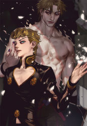 Rule 34 | 2boys, blonde hair, blue eyes, braid, curly hair, emg (christain), father and son, giorno giovanna, jojo no kimyou na bouken, manly, multiple boys, petals, red eyes, topless male, vento aureo