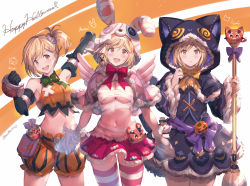 Rule 34 | &gt;:(, 1girl, :d, akane mimi, akane mimi (cosplay), animal ears, animal hat, animal hood, arm up, bad id, bad pixiv id, bandaged arm, bandaged hand, bandages, bare shoulders, bell, black capelet, black gloves, black jacket, black skirt, blonde hair, blush, bow, braid, breasts, brown eyes, capelet, cat ears, cat girl, cat hood, cat tail, cleavage, closed mouth, collared shirt, commentary request, cosplay, crop top, djeeta (granblue fantasy), elbow gloves, fake animal ears, frilled skirt, frills, fur-trimmed capelet, fur-trimmed hood, fur-trimmed skirt, fur-trimmed sleeves, fur trim, gloves, granblue fantasy, groin, hair ornament, happy halloween, hat, highres, hikawa kyouka, hikawa kyouka (cosplay), hodaka misogi, hodaka misogi (cosplay), holding, hood, hood up, hooded capelet, jack-o&#039;-lantern, jacket, jingle bell, kyoka (halloween) (princess connect!), kyoka (princess connect!), lightning bolt, lightning bolt hair ornament, lightning bolt symbol, long sleeves, looking at viewer, medium breasts, milli little, mimi (halloween) (princess connect!), mimi (princess connect!), misogi (halloween) (princess connect!), misogi (princess connect!), multiple views, navel, open mouth, orange background, orange bow, orange shirt, orange shorts, outstretched arm, pink capelet, pink thighhighs, princess connect!, puffy shorts, purple bow, rabbit ears, rabbit hair ornament, rabbit hat, red bow, red skirt, round teeth, shirt, short shorts, shorts, side ponytail, skindentation, skirt, sleeveless, sleeveless shirt, sleeves past wrists, smile, striped clothes, striped thighhighs, tail, tail bow, tail ornament, tail raised, teeth, thighhighs, twitter username, two-tone background, upper teeth only, v-shaped eyebrows, vyrn (granblue fantasy), white background, wide sleeves, yellow bow