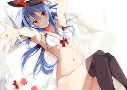 Rule 34 | 1girl, armpits, bare arms, bed sheet, bikini, black hat, black thighhighs, blue hair, breasts, cleavage, food, fruit, hat, highres, hinanawi tenshi, knees together feet apart, knees up, looking at viewer, medium breasts, navel, outstretched arms, peach, pillow, pink eyes, small breasts, smile, solo, stomach, swimsuit, tetsurou (fe+), thighhighs, touhou, white bikini