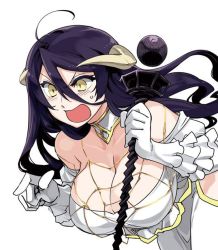 Rule 34 | 1girl, ahoge, albedo (overlord), bare shoulders, black hair, blush, breasts, cleavage, demon girl, demon horns, detached collar, dress, female focus, gloves, hip vent, horns, ishida akira, large breasts, long hair, off-shoulder dress, off shoulder, open mouth, overlord (maruyama), simple background, solo, staff, sweatdrop, white gloves, yellow eyes