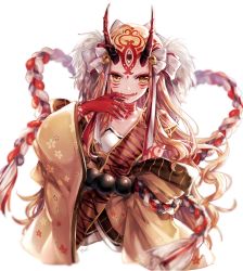 Rule 34 | &gt;:d, 1girl, :d, artist name, bad id, bad pixiv id, blonde hair, blurry, depth of field, fang, fate/grand order, fate (series), horns, ibaraki douji (fate), japanese clothes, long hair, looking at viewer, neck tattoo, oni horns, open mouth, parted lips, signature, simple background, smile, solo, tattoo, upper body, v-shaped eyebrows, wavy hair, white background, yellow eyes, yuli (yulipo)