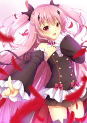 Rule 34 | 10s, 1girl, absurdly long hair, cowboy shot, fangs, female focus, gothic lolita, gradient background, highres, krul tepes, lolita fashion, long hair, no bra, owari no seraph, pink background, pointy ears, red eyes, solo, standing, thighhighs, vampire, very long hair