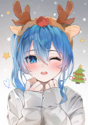 Rule 34 | 1girl, ;o, absurdres, animal ears, antlers, blue eyes, blue hair, blush, brown hairband, christmas, christmas tree, commentary request, deer antlers, fake animal ears, fake antlers, gradient background, grey background, grey sweater, hairband, hands on own chest, highres, hololive, horns, hoshimachi suisei, long sleeves, merry christmas, one eye closed, open mouth, reindeer antlers, short hair, sleeves past wrists, star (symbol), sweater, teeth, upper body, upper teeth only, virtual youtuber, yoru uyo