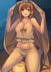 Rule 34 | 1girl, absurdres, atelier (series), atelier ryza, atelier ryza 1, azur lane, bare arms, bare shoulders, braid, breasts, brown eyes, brown hair, cleavage, collarbone, hair ornament, hands up, highres, holding, kneeling, large breasts, looking at viewer, manjuu (azur lane), medium hair, navel, parted lips, reisalin stout, reisalin stout (late night alchemist), smile, solo, sora (men0105), stomach, thighs