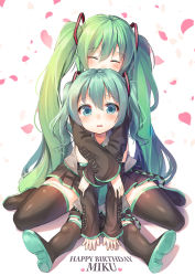 Rule 34 | 2girls, alexmaster, blush, boots, character name, detached sleeves, closed eyes, green eyes, green hair, happy birthday, hatsune miku, highres, hug, hug from behind, long hair, multiple girls, necktie, sitting, skirt, thigh boots, thighhighs, twintails, very long hair, vocaloid, wariza, wavy mouth, aged down