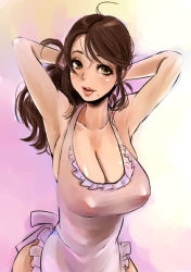 Rule 34 | 1girl, adjusting hair, apron, armpits, arms behind head, bad id, bad pixiv id, blush, breasts, brown eyes, brown hair, cleavage, housewife, huge breasts, kito (coyo), lips, long hair, mature female, mole, naked apron, smile, solo, yellow eyes