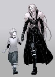 Rule 34 | 2boys, age difference, aiz00, armor, bangle, belt, black belt, black coat, black footwear, black gloves, black pants, black shirt, blue eyes, boots, bracelet, chest strap, cloud strife, coat, dated, final fantasy, final fantasy vii, final fantasy vii remake, full body, gloves, grey background, grey hair, height difference, high collar, highres, holding hands, jewelry, layered sleeves, light smile, long bangs, long coat, long hair, long sleeves, looking at another, looking down, looking up, low ponytail, male focus, multiple belts, multiple boys, open clothes, open coat, pale color, pants, parted bangs, pauldrons, sephiroth, shirt, short hair with long locks, shorts, shoulder armor, twitter username, very long hair, walking, white shirt