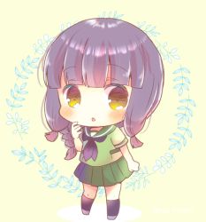 Rule 34 | 1girl, beige background, black hair, black neckerchief, blunt bangs, braid, chibi, commentary request, full body, green sailor collar, green serafuku, green skirt, hair ribbon, kantai collection, kitakami (kancolle), kou hiyoyo, leaf, leaf background, leaning forward, long hair, looking at viewer, neckerchief, one-hour drawing challenge, pleated skirt, ribbon, sailor collar, school uniform, serafuku, short sleeves, sidelocks, single braid, skirt, solo, standing, tress ribbon, yellow background