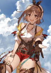 Rule 34 | atelier (series), atelier ryza, atelier ryza 3, belt, breast pocket, breasts, brown belt, brown eyes, brown hair, choker, cleavage, clover hair ornament, cowboy shot, day, gloves, hair ornament, hairclip, hat, highres, jewelry, leather, leather gloves, looking at viewer, non-web source, official art, open mouth, outstretched arm, outstretched hand, pendant, photoshop (medium), pocket, reaching, reaching towards viewer, red shorts, reisalin stout, short hair, short sleeves, shorts, sky, star (symbol), star choker, thick thighs, thighhighs, thighs, toridamono, vest, x hair ornament