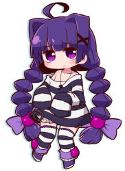 Rule 34 | 1girl, ahoge, alice (criminal girls), bloomers, blush, boots, bow, braid, cat hair ornament, chibi, closed mouth, collarbone, commentary request, criminal girls, cuffs, frown, full body, hair bow, hair intakes, hair ornament, handcuffs, jewelry, key, long hair, long sleeves, looking at viewer, low twintails, naga u, necklace, off shoulder, oversized clothes, purple bow, purple eyes, purple footwear, purple hair, shadow, shirt, sidelocks, sleeves past fingers, sleeves past wrists, solo, striped clothes, striped shirt, striped thighhighs, thighhighs, twin braids, twintails, underwear, very long hair, white background, white bloomers, x hair ornament