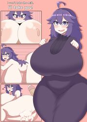Rule 34 | 1girl, absurdres, aftersex, ahoge, blush, breasts, comic, completely nude, creatures (company), cum, cum in pussy, doggystyle, dress, duskyer, female focus, game freak, hair between eyes, hanging breasts, hex maniac (pokemon), highres, huge breasts, looking at viewer, matching hair/eyes, motion lines, nintendo, nipples, nude, open mouth, pale skin, pink background, plump, pokemon, pokemon xy, purple dress, purple eyes, purple hair, sex, sex from behind, smile, solo, taut clothes, taut dress, thick thighs, thighs, w arms, wide hips
