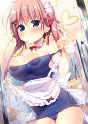Rule 34 | 1girl, against glass, apron, bare arms, bare shoulders, black bow, blue eyes, blue one-piece swimsuit, blush, bow, breast press, breasts, brown bow, cleavage, closed eyes, commentary request, hair between eyes, hair bow, hanamiya natsuka, hand up, heart, holding, indoors, large breasts, long hair, looking at viewer, maid headdress, old school swimsuit, one-piece swimsuit, original, pink hair, red bow, school swimsuit, smile, soap bubbles, solo, strap slip, swimsuit, twintails, very long hair, waist apron, water drop, white apron