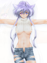 Rule 34 | 1girl, armpits, blue eyes, breasts, heterochromia, large breasts, lavolpe (yagisaka seto), long hair, navel, open fly, original, outstretched arms, purple eyes, sidelocks, silver hair, solo, torn clothes, turtleneck, unbuttoned, underboob, unzipped, very long hair, yagisaka seto, zoom layer
