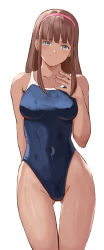 Rule 34 | 1girl, blue one-piece swimsuit, breasts, brown eyes, brown hair, competition school swimsuit, covered navel, cowboy shot, dead or alive, hand on own chest, highleg, highleg swimsuit, highres, hitomi (doa), long hair, medium breasts, one-piece swimsuit, popo agaga, school swimsuit, simple background, solo, swimsuit, white background