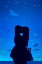 Rule 34 | 2girls, aquarium, bag, blue theme, closed eyes, dating, fish, from side, handbag, highres, kiss, long hair, multiple girls, original, skirt, water, yuri, yuritamashi