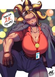 Rule 34 | 1girl, belt, black hair, black pants, blonde hair, breasts, brown gloves, chain, cleavage, collarbone, collared shirt, commentary, dark-skinned female, dark skin, english commentary, english text, eyewear on head, formal, gloves, gold chain, grin, head tilt, high-waist pants, highres, huge breasts, invisible chair, jacket, jacket on shoulders, leg up, looking at viewer, medallion, mentari (csl), milestone celebration, multicolored hair, name tag, original, pant suit, pants, phoebus art, red eyes, red shirt, sharp teeth, shirt, short sleeves, sitting, smile, solo, speech bubble, suit, sunglasses, teeth, thank you, two-tone hair