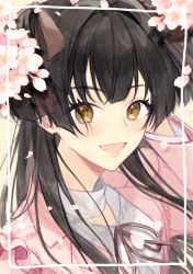 Rule 34 | 1girl, :d, absurdres, black hair, blunt bangs, blush, cherry blossoms, chobo ume, falling petals, framed, hair ribbon, hand in own hair, highres, idolmaster, idolmaster shiny colors, jacket, looking at viewer, mayuzumi fuyuko, neck ribbon, open mouth, petals, pink jacket, ribbon, smile, two side up, upper body