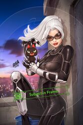 Rule 34 | 1girl, black bodysuit, black cat, bodysuit, cat, dated, david nakayama, english text, felicia hardy, goggles, highres, initial, long hair, looking at viewer, marvel, outdoors, ponytail, red lips, sitting, solo, spider-man (2018 game), spider-man (series), stuffed animal, stuffed cat, stuffed toy, white hair