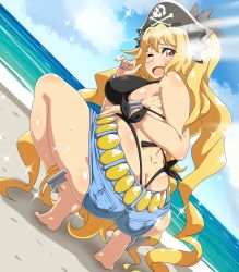 Rule 34 | 1girl, anklet, anne bonny (fate), anne bonny (fate/grand order), anne bonny (swimsuit archer) (fate), anne bonny (swimsuit archer) (first ascension) (fate), ass, barefoot, beach, blonde hair, breasts, butt crack, cloud, cloudy sky, day, denim, denim shorts, dimples of venus, dutch angle, fate/grand order, fate (series), feet, hat, highres, jewelry, kani club, large breasts, long hair, looking at viewer, looking back, nail polish, open mouth, outdoors, pirate hat, red eyes, short shorts, shorts, sideboob, sky, smile, soles, solo, sparkle, squatting, thighs, thong, tiptoes, very long hair