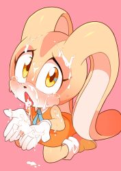 Rule 34 | 1girl, 2020s, 2022, after fellatio, animal ears, blush, cream the rabbit, cum, cum in mouth, cum on tongue, cumdrip, cupping hands, facial, female focus, full body, furrowed brow, furry, furry female, gloves, highres, itumonohentai b, kneeling, long ears, looking at viewer, own hands together, pink background, rabbit, rabbit ears, rabbit girl, sega, solo, sonic (series), tareme, tears, white gloves