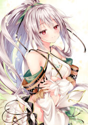 1girl arm_under_breasts bare_shoulders breasts closed_mouth commission cowboy_shot criss-cross_halter detached_sleeves eyelashes eyes_visible_through_hair flower_knight_girl green_background green_ribbon grey_hair hair_between_eyes hair_over_shoulder hair_ribbon halterneck long_hair long_sleeves looking_at_viewer medium_breasts narukoyuri_(flower_knight_girl) nogi_takayoshi ponytail red_eyes ribbon sidelocks simple_background skeb_commission smile solo split_mouth tsurime underboob very_long_hair wide_sleeves