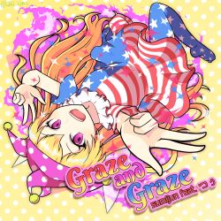 Rule 34 | 1girl, 3k2 vdme, :d, absurdres, american flag dress, american flag legwear, blonde hair, clownpiece, commentary request, double v, dress, english text, fairy wings, fire, full body, hat, highres, jester cap, light blush, long hair, looking at viewer, multicolored clothes, multicolored dress, neck ruff, no shoes, open mouth, outstretched arms, pantyhose, polka dot, polka dot background, polka dot headwear, purple eyes, purple fire, purple hat, short sleeves, simple background, smile, solo, sparkle, star (symbol), star print, striped clothes, striped dress, striped pantyhose, touhou, twitter username, upside-down, v, very long hair, wings, yellow background