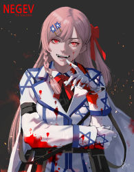 Rule 34 | 1girl, bad id, bad pixiv id, black background, blazer, blood, blood on clothes, blood on face, bow, braid, character name, english text, evil smile, fangs, finger to mouth, girls&#039; frontline, gloves, glowing, glowing eyes, hair ornament, hairclip, hexagram, jacket, long hair, long sleeves, looking at viewer, negev (girls&#039; frontline), one side up, open mouth, pale skin, pink hair, red bow, red eyes, revision, signature, single braid, smile, solo, star of david, taesi, vampire, very long hair, white gloves