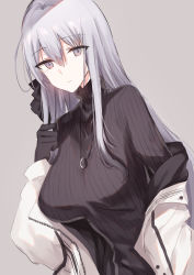 Rule 34 | 1girl, black bow, black gloves, black sweater, borrowed character, bow, breasts, closed mouth, dutch angle, gloves, grey background, grey eyes, grey hair, hair between eyes, hair bow, highres, jacket, kinona, large breasts, long hair, long sleeves, looking at viewer, off shoulder, open clothes, open jacket, original, ribbed sweater, simple background, solo, sweater, turtleneck, turtleneck sweater, very long hair, white jacket, zoya petrovna vecheslova