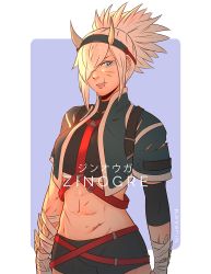 Rule 34 | 1girl, abs, arms at sides, artist name, bandaged arm, bandages, blonde hair, blue eyes, character name, clenched teeth, cowboy shot, cropped jacket, cropped shirt, facial mark, facial scar, hair over one eye, hairband, harness, horn ornament, horns, jacket, koyorin, looking at viewer, medium hair, midriff, monster hunter (series), navel, parted bangs, parted lips, personification, scales, scar, scar on cheek, scar on face, shirt, short sleeves, shorts, sidelocks, slit pupils, solo, stomach, teeth, toned, turtleneck, zinogre (armor)