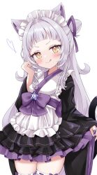 Rule 34 | 1girl, absurdres, alternate costume, animal ears, apron, arched bangs, cat ears, cat tail, cocozasa, frilled skirt, frills, grey hair, hair bun, highres, hololive, licking lips, looking at viewer, maid apron, maid headdress, murasaki shion, ribbed thighhighs, short eyebrows, single side bun, skirt, smile, solo, star (symbol), tail, thighhighs, tongue, tongue out, virtual youtuber, waist ribbon, yellow eyes