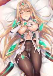 Rule 34 | 1girl, armor, black pantyhose, blonde hair, blush, breasts, breasts out, cleavage cutout, clothing cutout, covering privates, covering breasts, deep skin, dress, earrings, gem, hand on own chest, headpiece, highres, inoue takuya (tactactak), jewelry, large breasts, long hair, looking at viewer, lying, mythra (massive melee) (xenoblade), mythra (xenoblade), nintendo, on back, panties, pantyhose, parted lips, short dress, shoulder armor, solo, swept bangs, thigh strap, thighs, tiara, underwear, white dress, white panties, xenoblade chronicles (series), xenoblade chronicles 2, yellow eyes