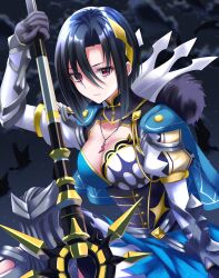 Rule 34 | 1girl, black gloves, black hair, blue cape, breasts, cape, cleavage, commentary request, dress, fire emblem, fire emblem engage, gloves, hair between eyes, highres, holding, holding weapon, kakiko210, large breasts, looking at viewer, nel (fire emblem), nintendo, pink eyes, short hair, solo, weapon